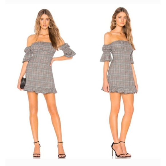 Tularosa Angie Plaid Twee Coquette Milkmaid Ruffle Hem Mini Dress Black White MD - Picture 1 of 9